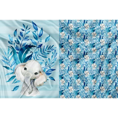 Minky Cuddle Pannel Éléphant Feuillage Bleu - PRINT IN QUEBEC IN OUR WORKSHOP